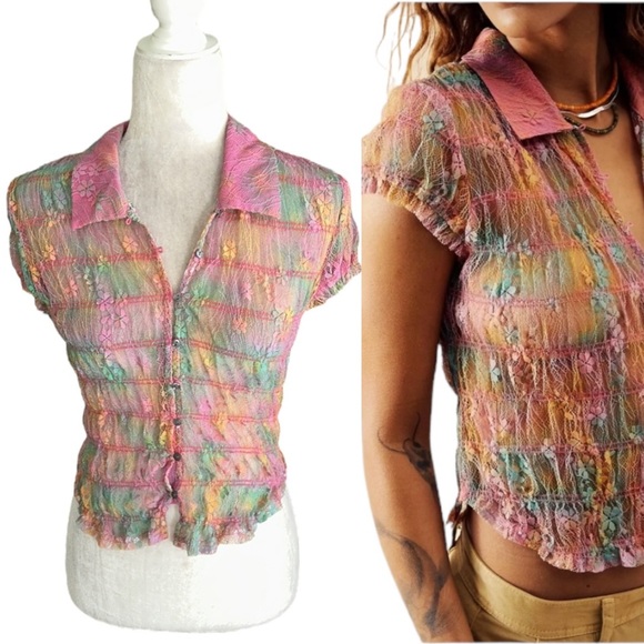 NWOT Free People Julie Printed Lace Mesh Crop Top in Tropical Sunset Combo - S - Picture 1 of 15